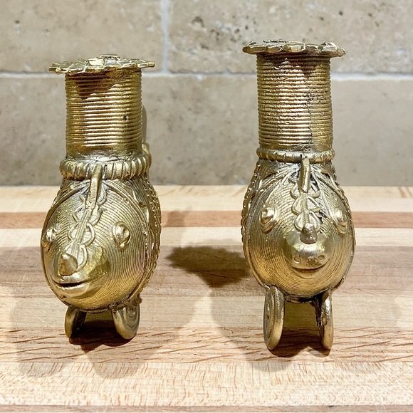 Candle Stand / Holder - Brass Dhokra Fish Shape - Vintage - Handmade Set of 2 - Picture 5 of 9
